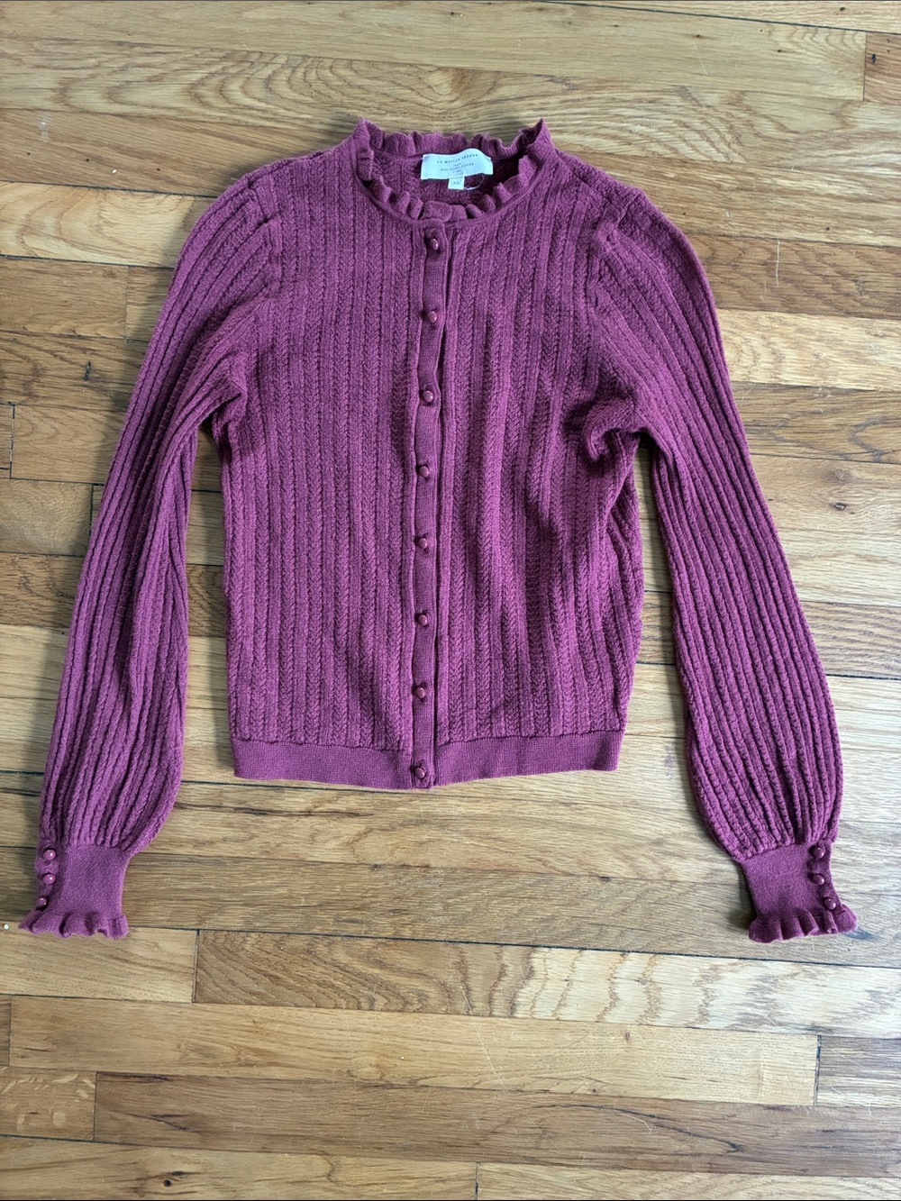 Sezane Louis Cardigan XS Merino Rib Knit Burgundy Ruffle Button Bubble Sleeve